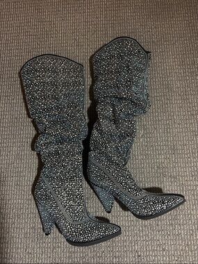 Studded rhinestones Black High-Heel Slouch Boots - Women